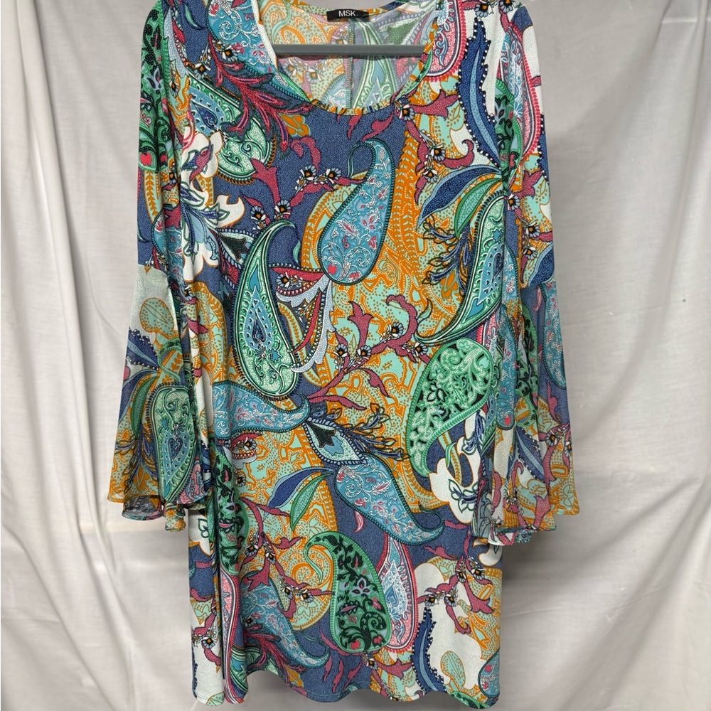 MSK Blue and Gold Graphic Tunic 3/4 Sleeve Relaxed Fit